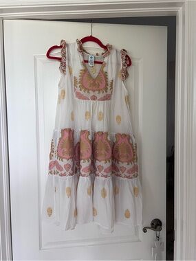 aerie White Mini Dress with Pink & Gold Folk Embroidery